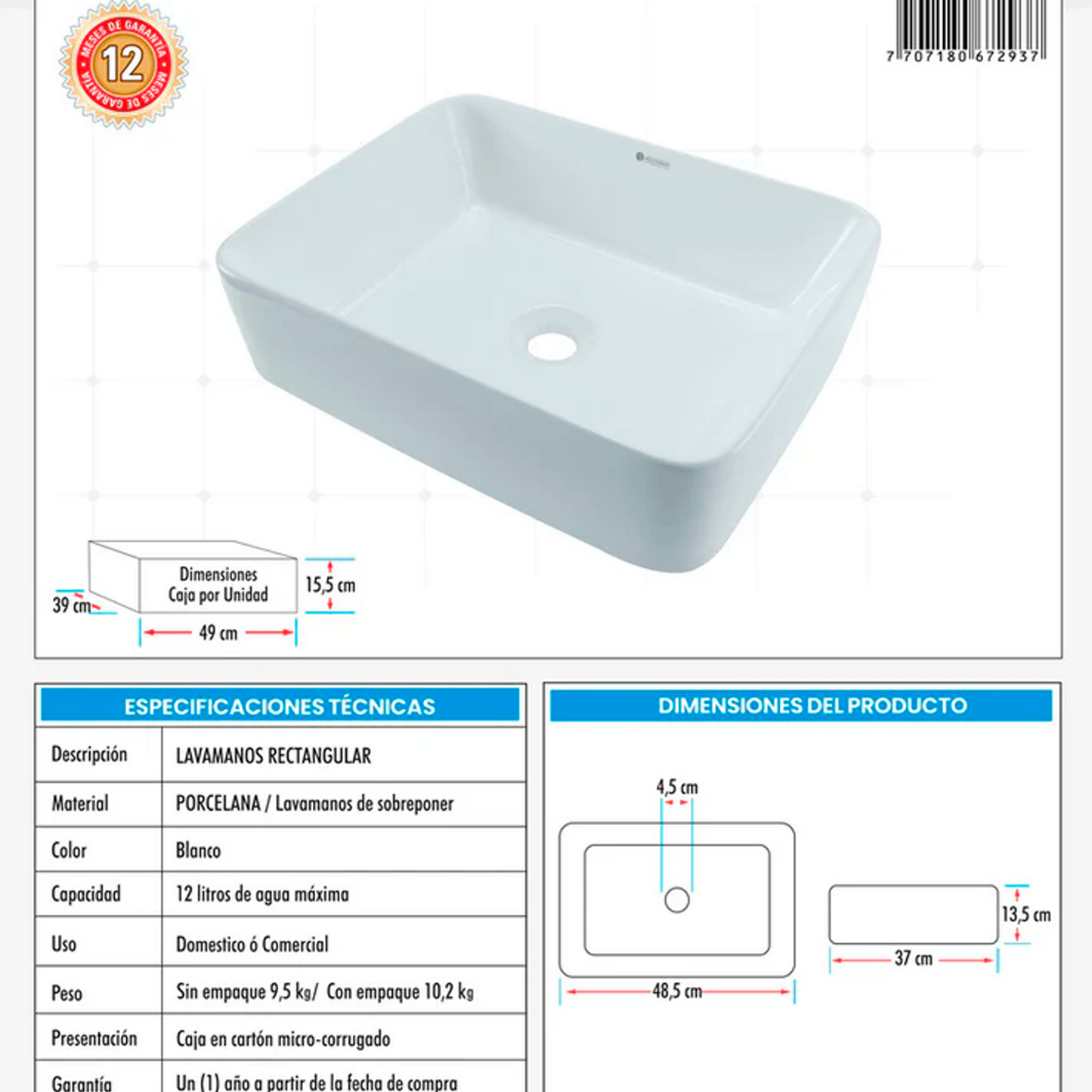 Lavamanos Rectangular De Sobreponer Blanco Porcelana