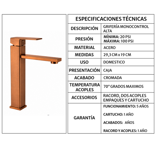 Griferia Monocontrol Lavamanos Oro Rosa Cepillado