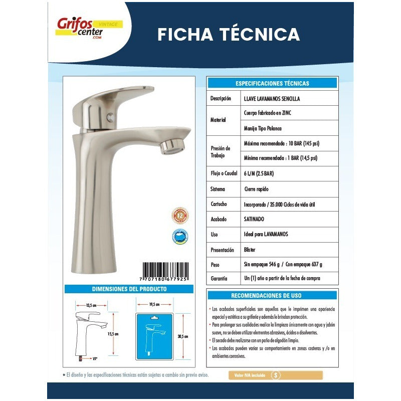 Llave Lavamanos Satinada Manija Tipo Palanca