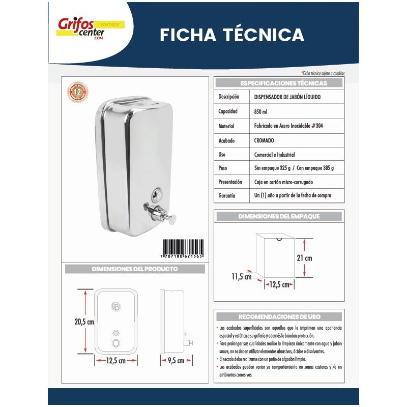 Dispensador Jabón Liquido, Metálico,1000 Ml Institucional