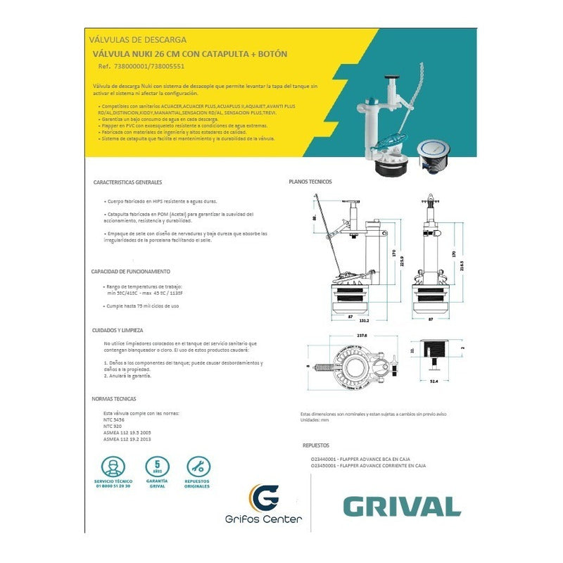Válvula Descarga Nuki 2 Piezas Catapulta 26cm + Botón Grival