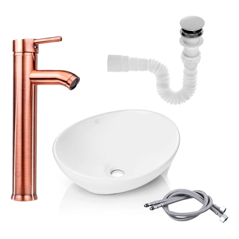 Kit Lavamanos+ Grifo Monocontrol Curvo Cobre Antiguo+push