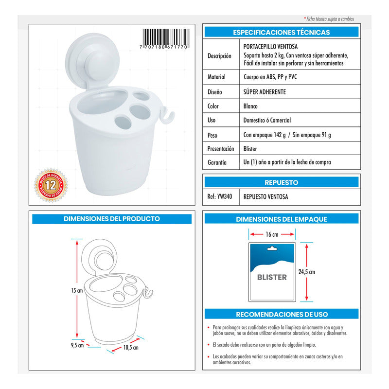 Portacepillo Para Baño Con Ventosa Blanco