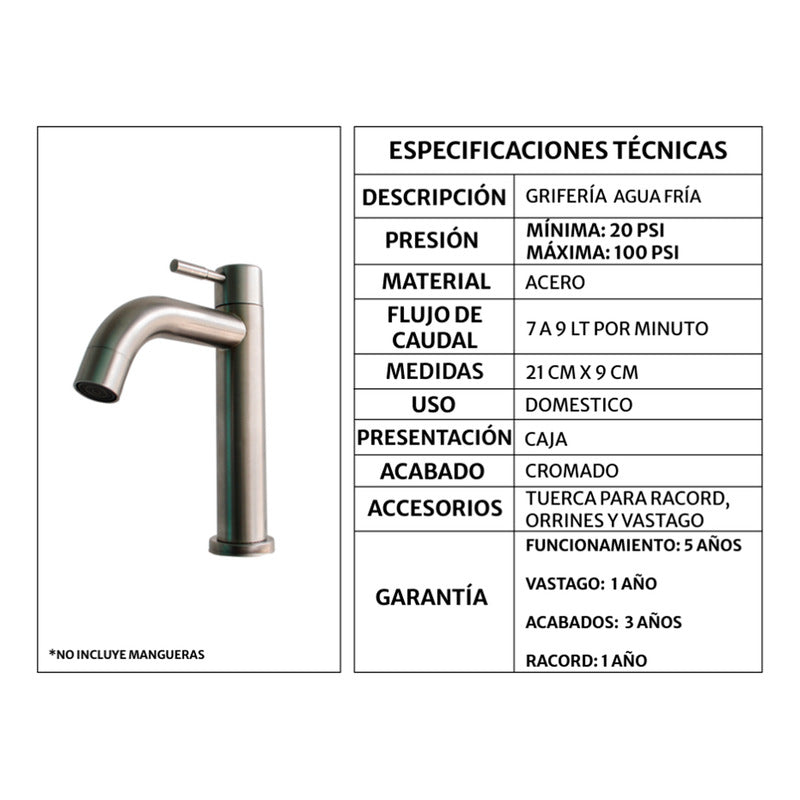 Griferia Lavamanos Agua Fria Plateada Satinada Baja