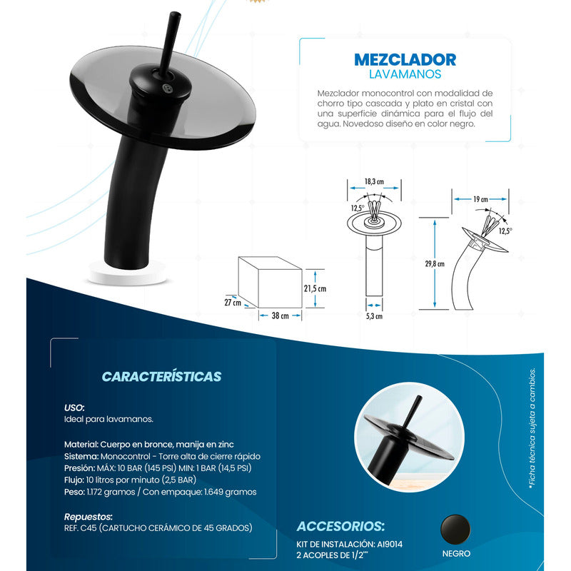 Griferia Monocontrol Lavamanos Cascada Negro Mate