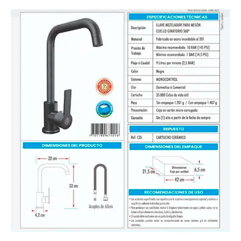 Combo Lavaplatos 51*45cm+griferia Lvp Negra Mate+ Accesorios