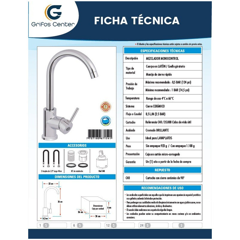 Grifería Monocontrol Lavaplatos Cuello Giratorio Cromado