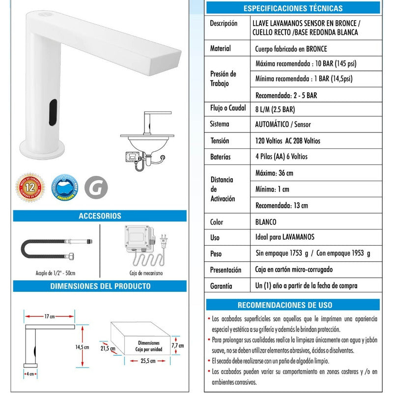 Llave Lavamanos De Sensor Cuello Recto
