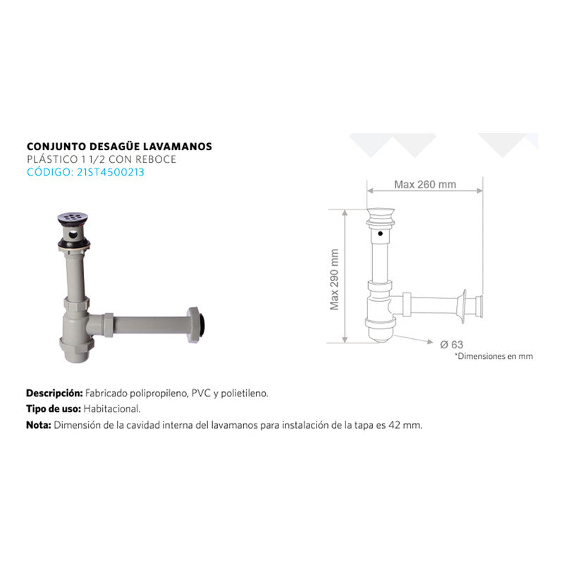 Conjunto Desagüe Lavamanos Plástico Con Reboce + Sifón Bote
