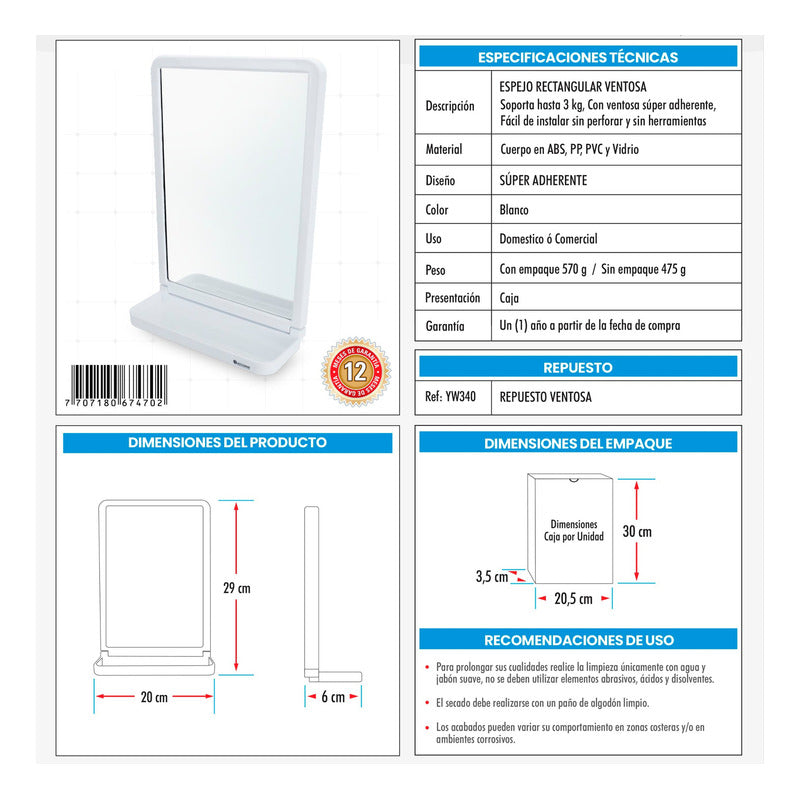 Espejo Para Baño Rectangular Con Ventosa Blanco