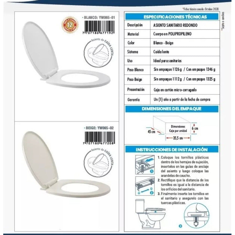 Asiento Sanitario Caída Lenta, Redondo