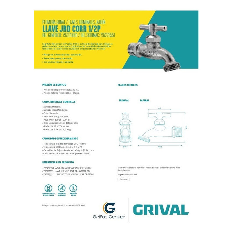 Griferia Llave Jardin Corriente Satinada Grival