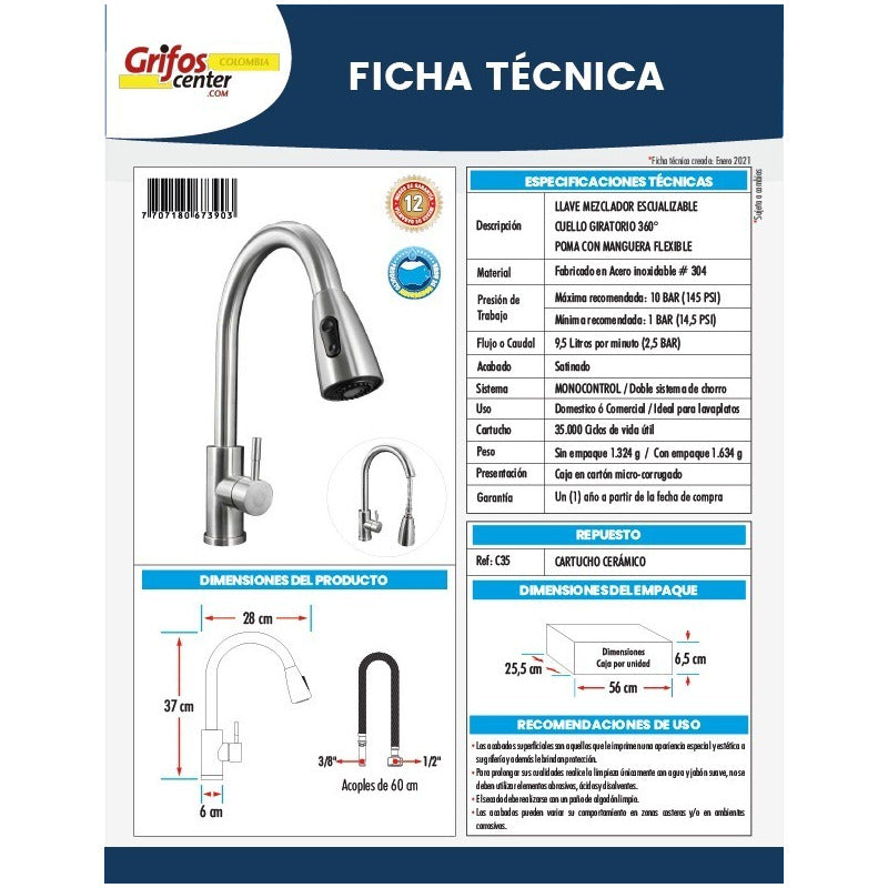 Grifería Extraíble Lavaplatos Acero