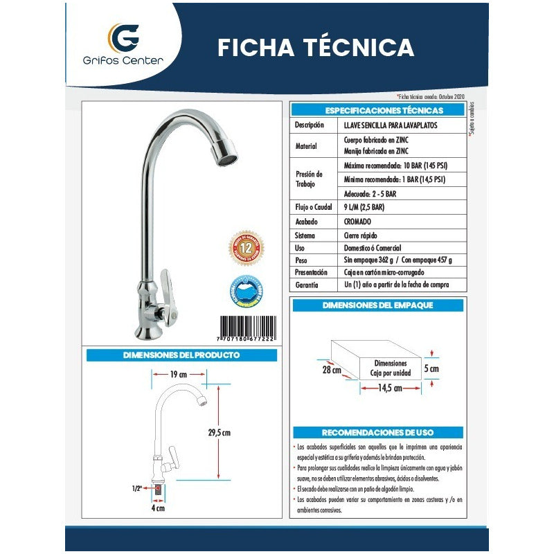 Griferia Lavaplatos Agua Fria Tipo Palanca