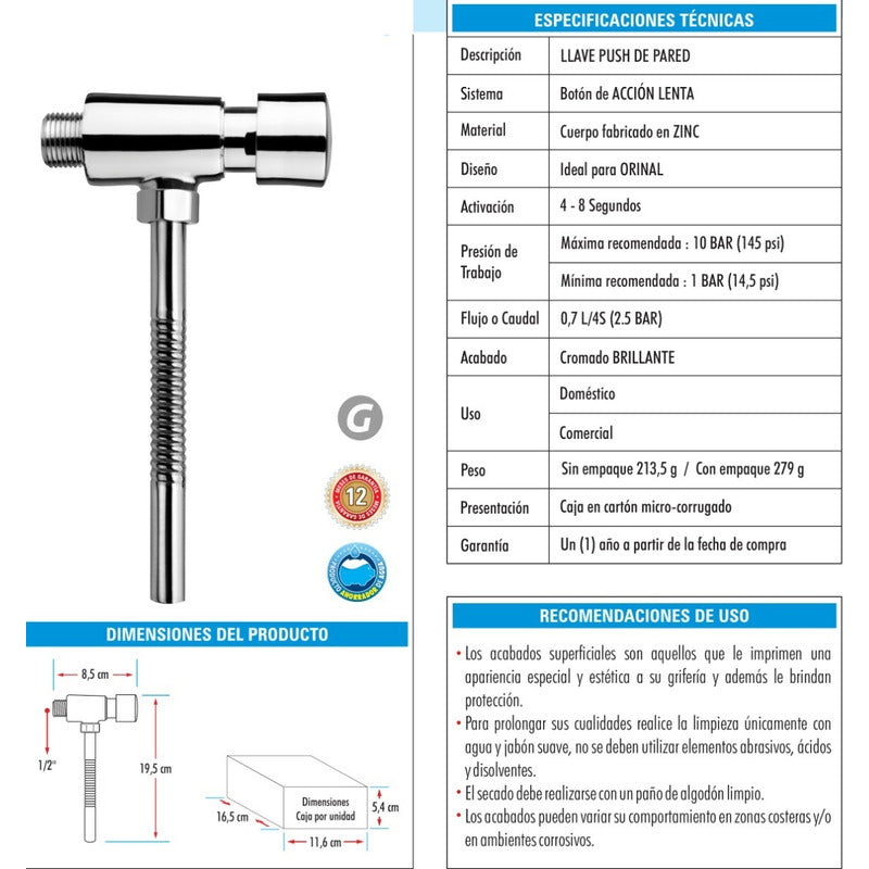 Llave Tipo Push Para Orinal