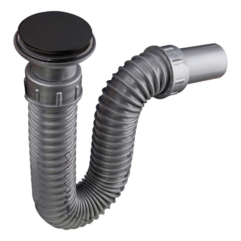 Sifón Lavamanos Flexible Gris Con Push Negro Mate