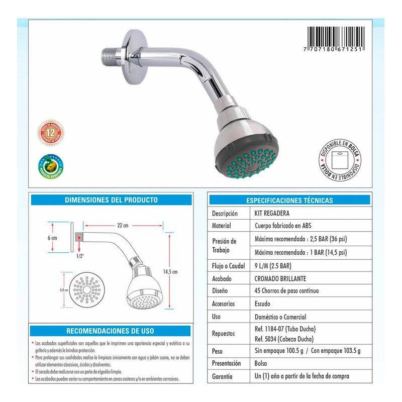 Set Regadera Ducha Tipo Lluvia Cromada