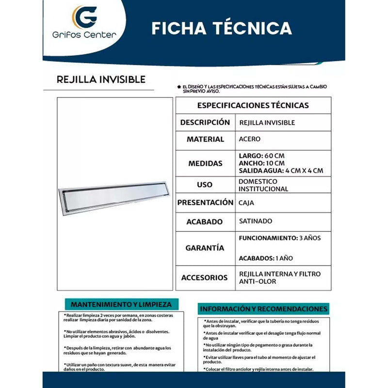 Rejilla Piso Invisible En Acero 60x10 Cm