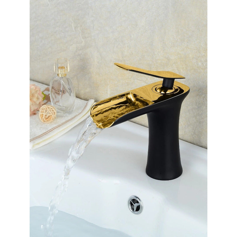 Grifería Monocontrol Lavamanos Bajo Cascada Negro Y Oro