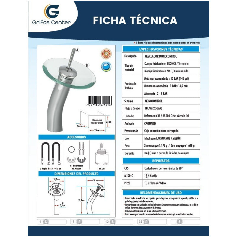 Griferia Monocontrol Cascada Cristal Alta.