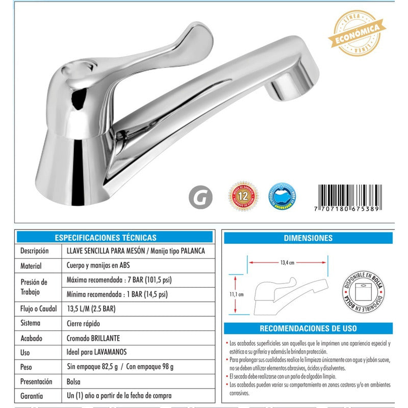 Llave Sencilla Para Lavamanos En Abs Manija Tipo Palanca