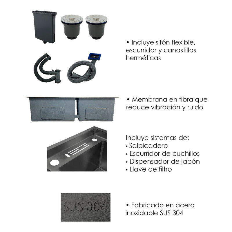 Lavaplatos Doble Pozo Con Escurridor Negro+ Accesorios