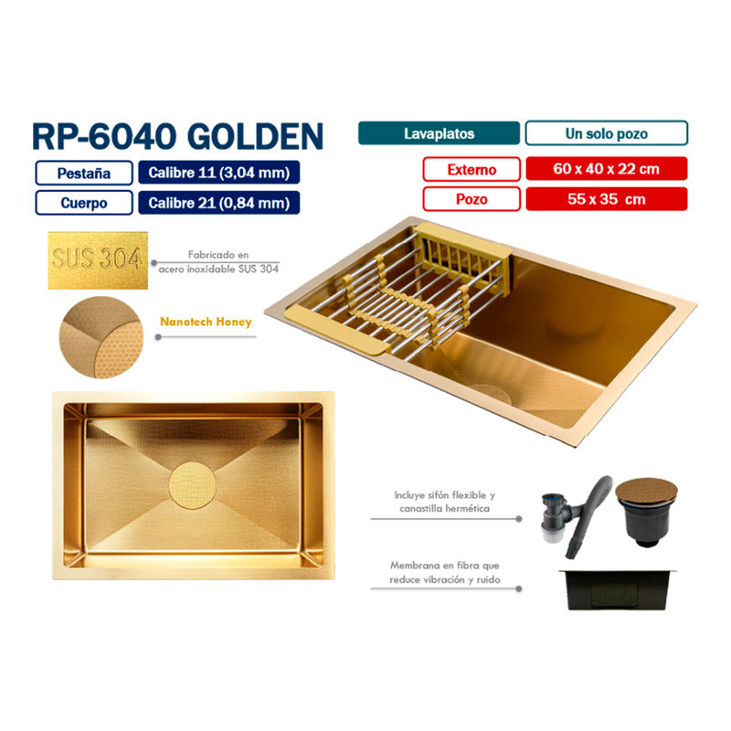 Lavaplatos Acero 304 Dorado Vintage 60*40*22cm + Accesorios