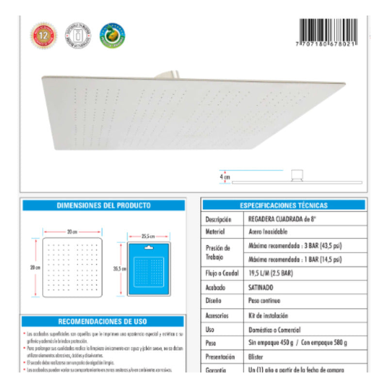 Regadera Ducha Cuadrada 8 Acero Inoxidable Satinada