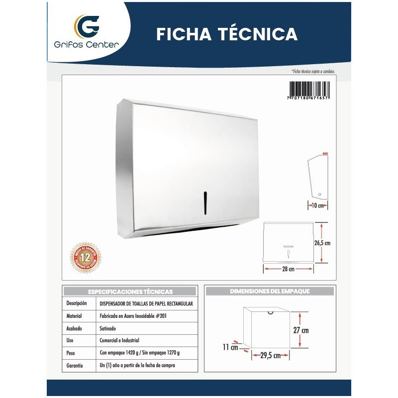 Dispensador Institucional En Acero 304 Para Toallas