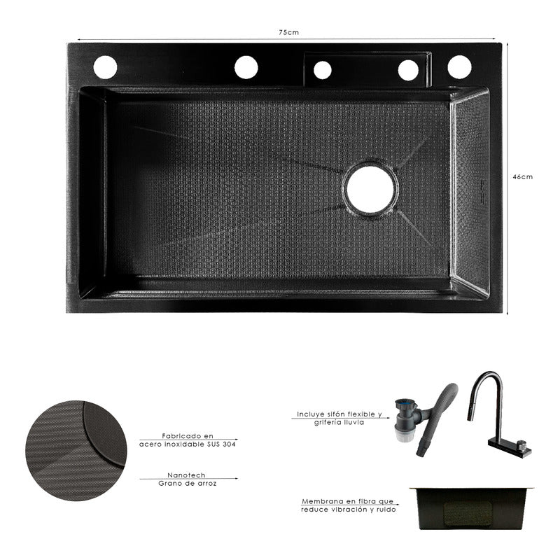 Lavaplatos Inteligente Negro 75x46cm+griferia Lluvia