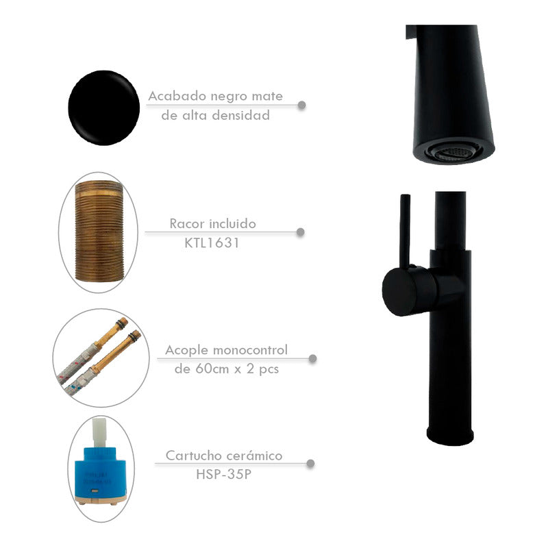 Grifería Lavaplatos Monocontrol Flexible Negro Mate Kioto