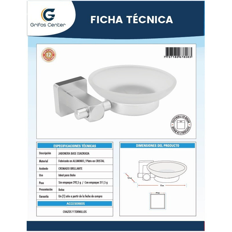 Jabonera Base Cuadrada En Aluminio Plato En Cristal