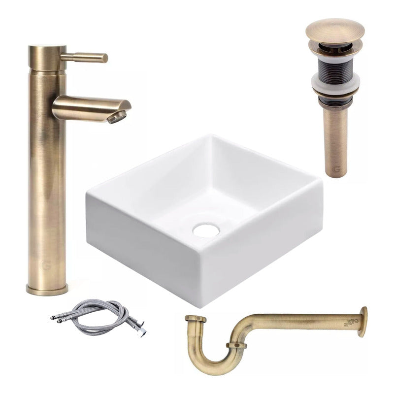 Kit Lavamanos Cuadrado+grif.monoc.+push+sifon Bronce Ant.01