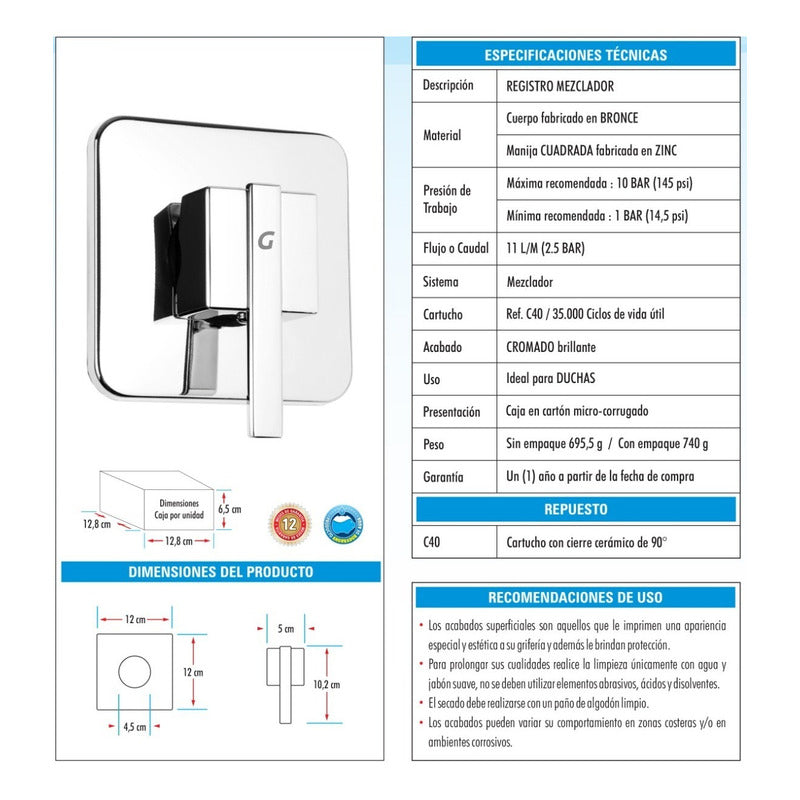 Mezclador Para Ducha Monocontrol Cuadrada