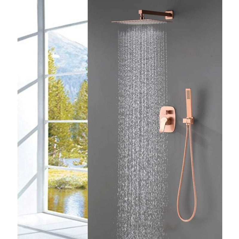 Regadera Ducha Cuadrada Metálica 25x25 Con Tubo Oro Rosa Vin