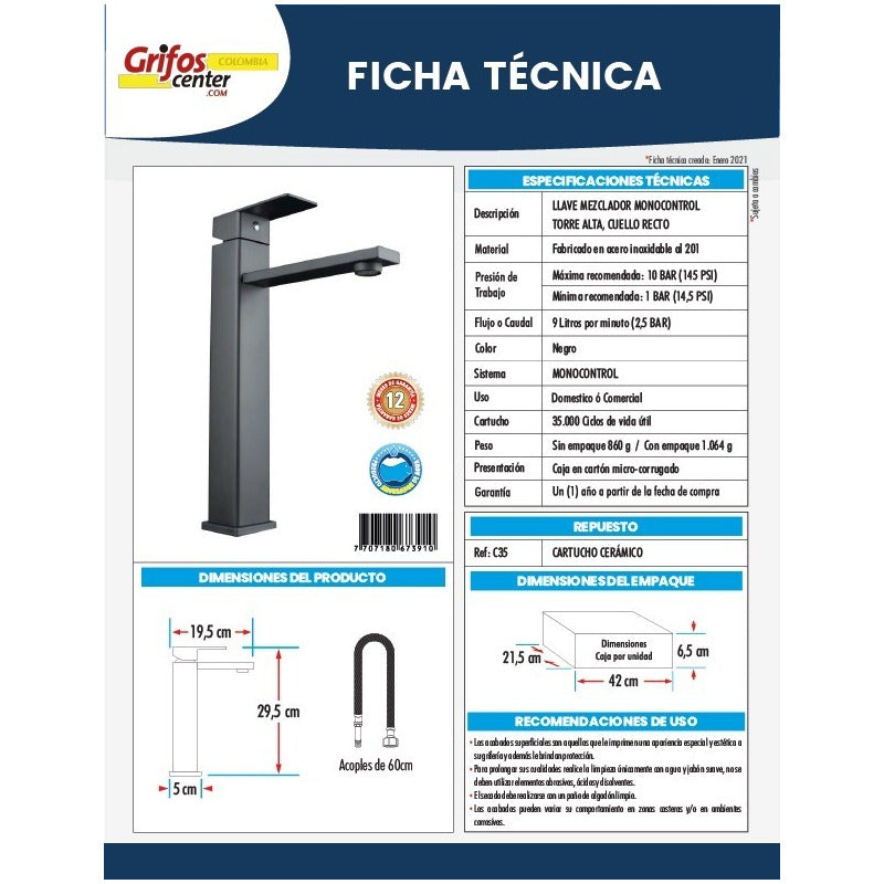 Griferia Monocontrol Lavamanos Cuadrado Negro Mate
