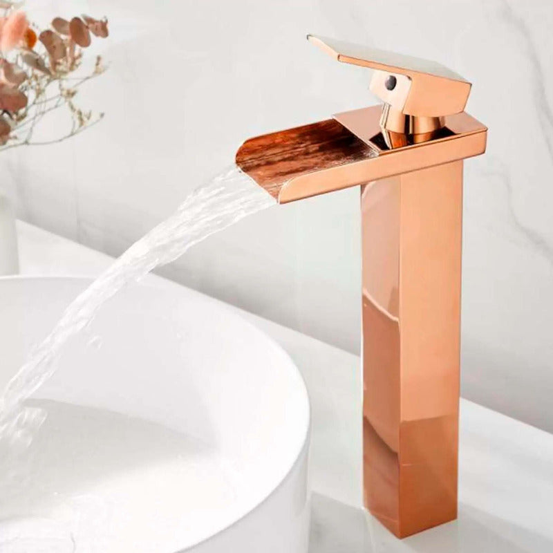 Grifería Monocontrol Lavamanos Cascada Alta Oro Rosa