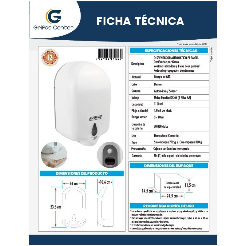 Dispensador De Jabón De Gel Manos Libres Automático 1.100 Ml