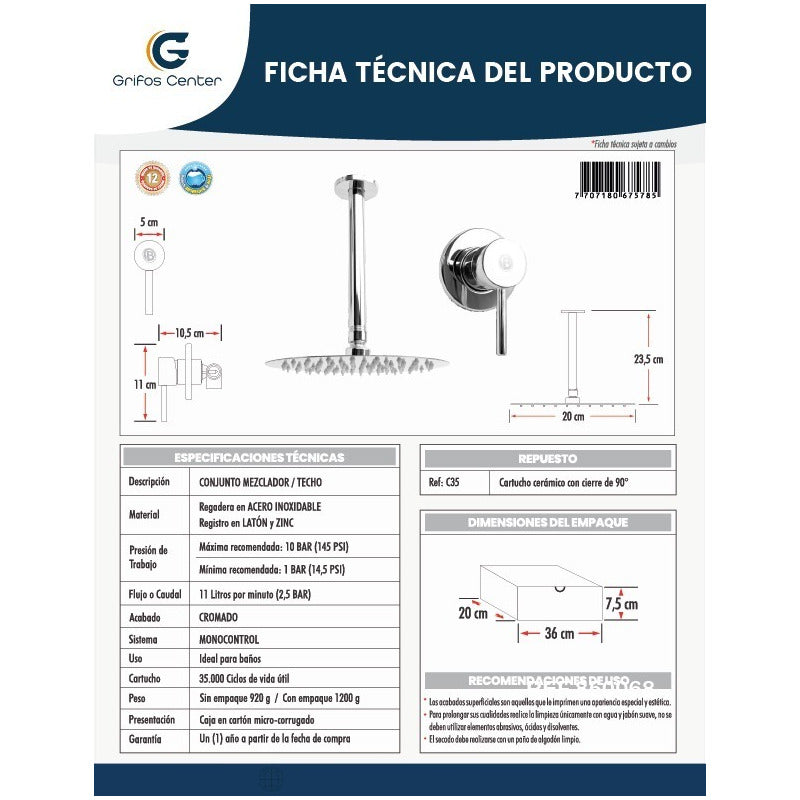 Set Mezclador Ducha Techo + Regadera De 8 + Tubo De 20cm