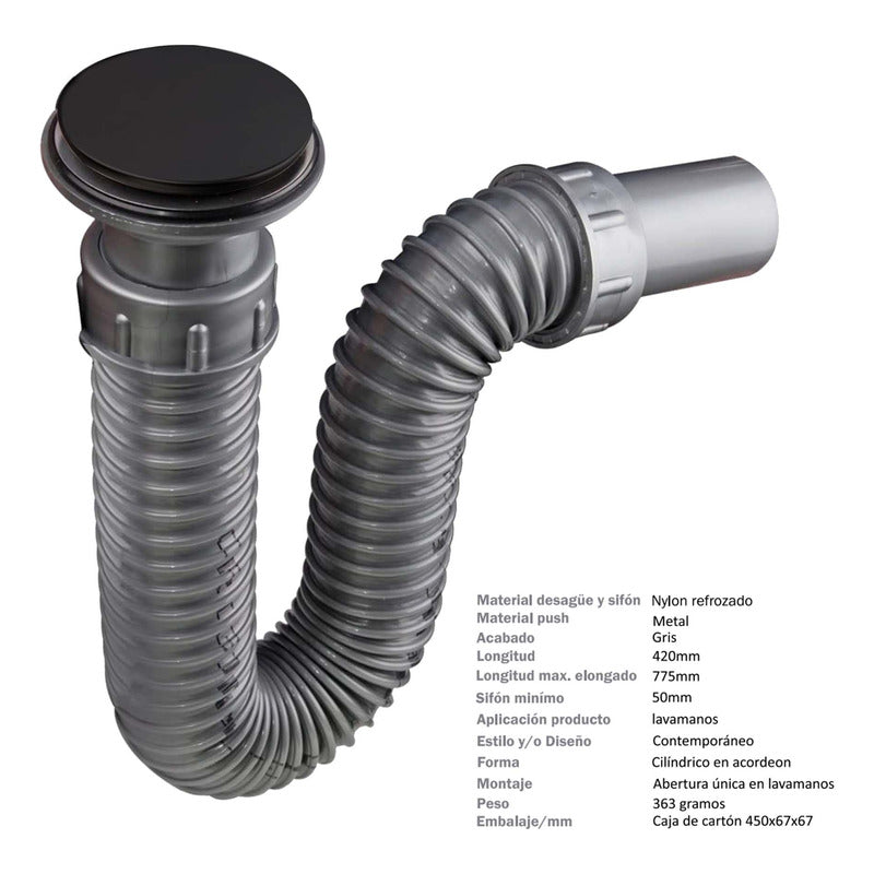 Sifón Lavamanos Flexible Gris Con Push Negro Mate