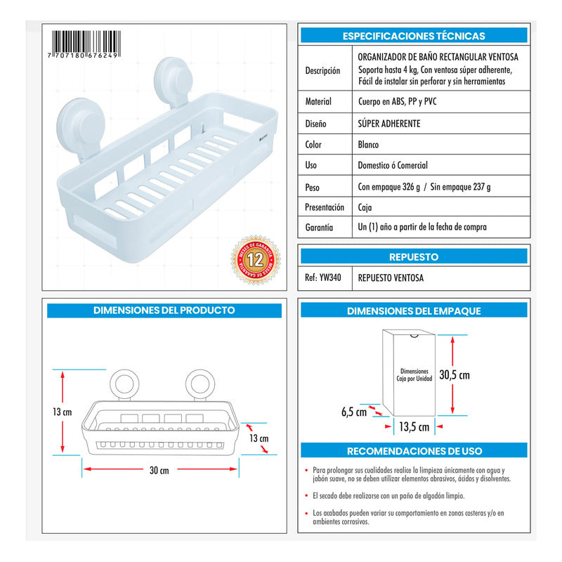 Organizador De Baño Rectangular Ventosa Color Blanco