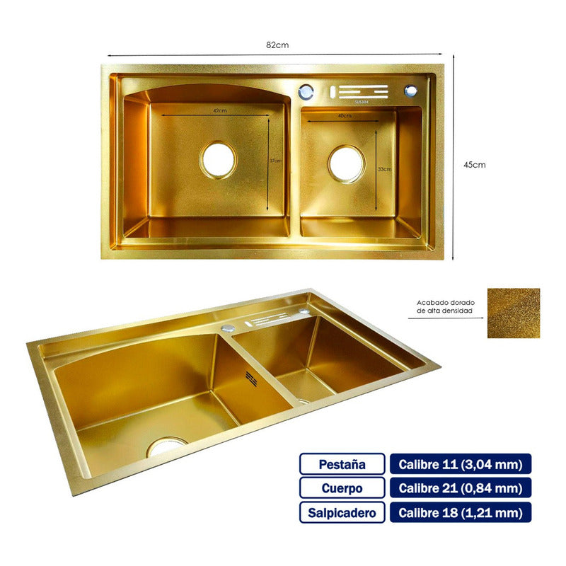 Lavaplatos Doble Pozo Con Escurridor Dorado + Accesorios