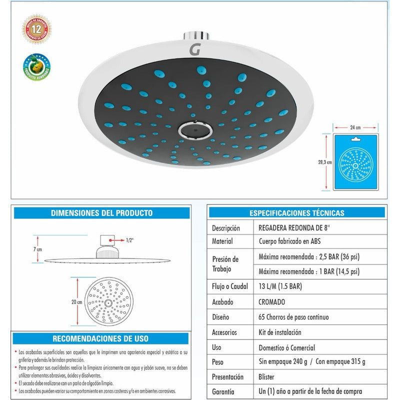 Regadera Redonda En Abs Cromada De 8 Pulgadas