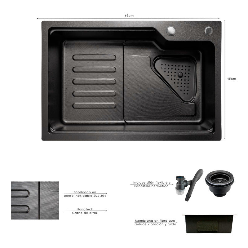 Lavaplatos Acero Negro Sistema De Riel 68x45cm+accesorios