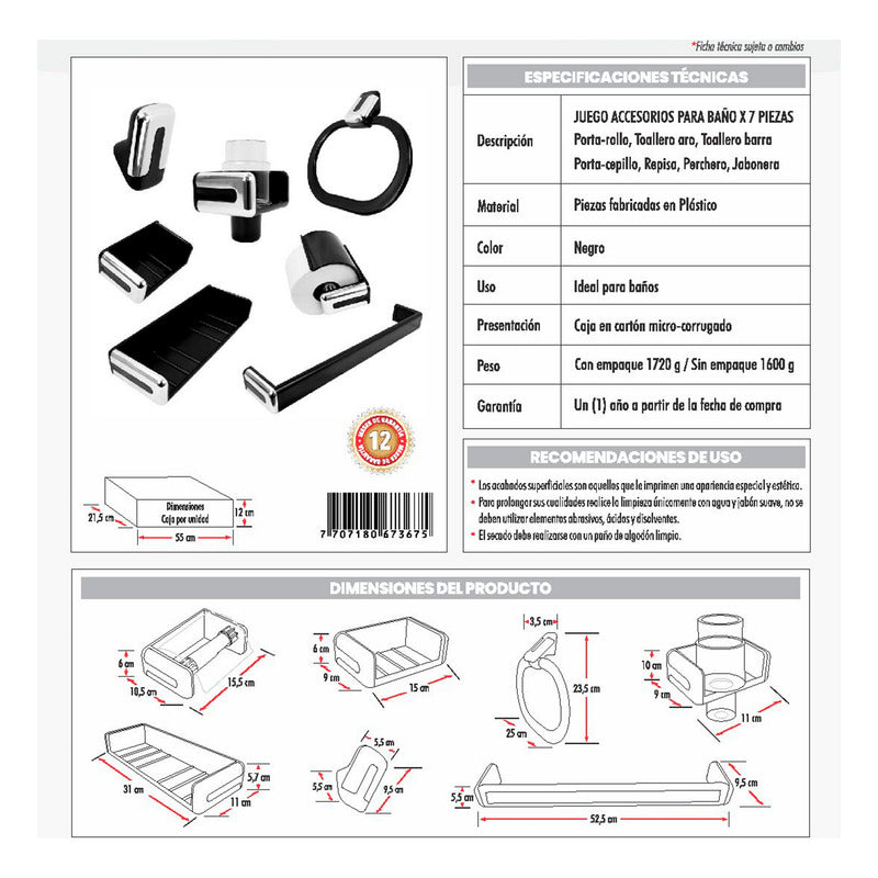 Juego De Accesorios Para Baño Abs Color Negro X7 Piezas