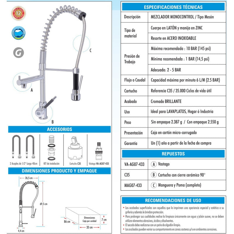 Mezclador Monocontrol Espiral Lavaplatos Industrial