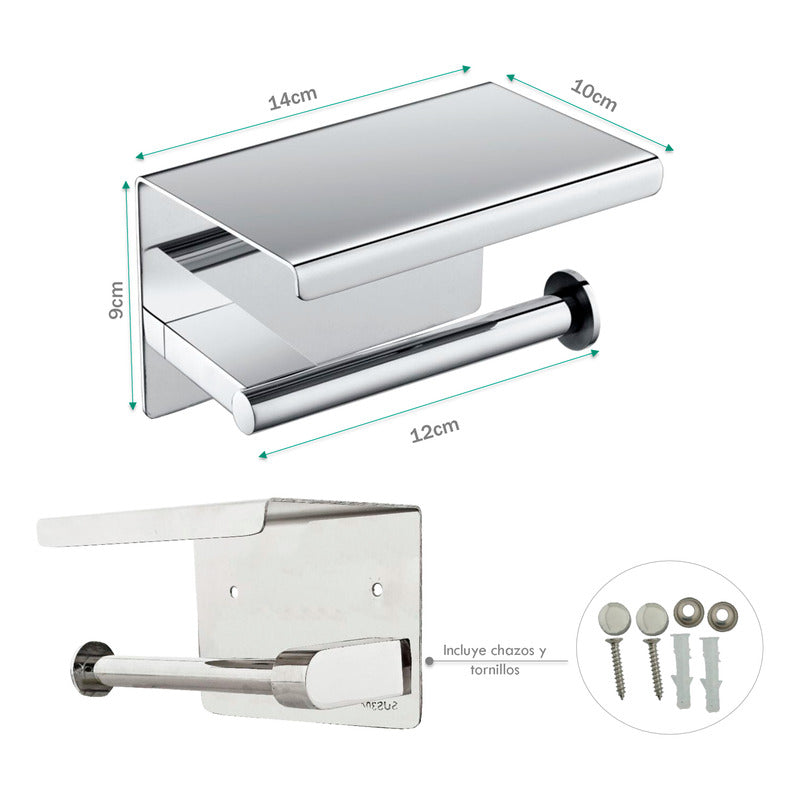 Portarrollo Para Baño Con Repisa Plateada Cromada