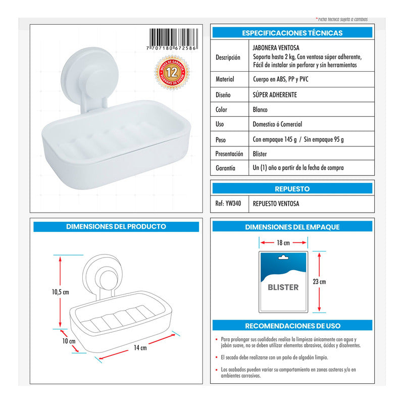 Jabonera Para Baño Con Ventosa Blanco