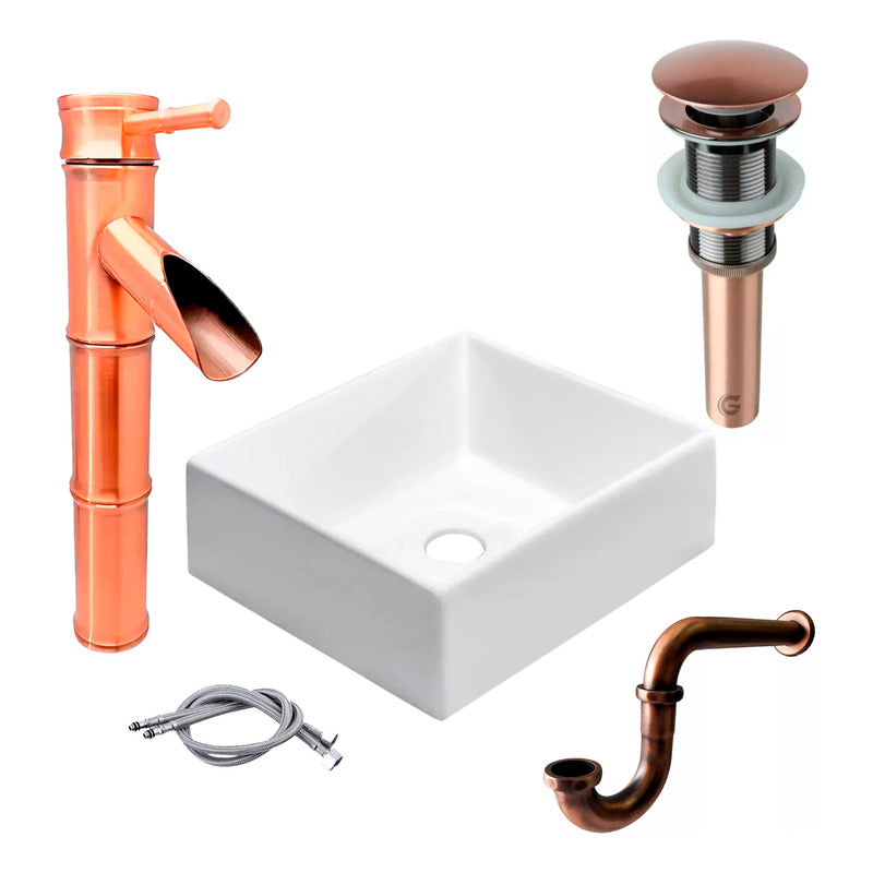 Kit Lavamanos Cuadrado+griferia Monoc.+push+sifon Cobre Ant.
