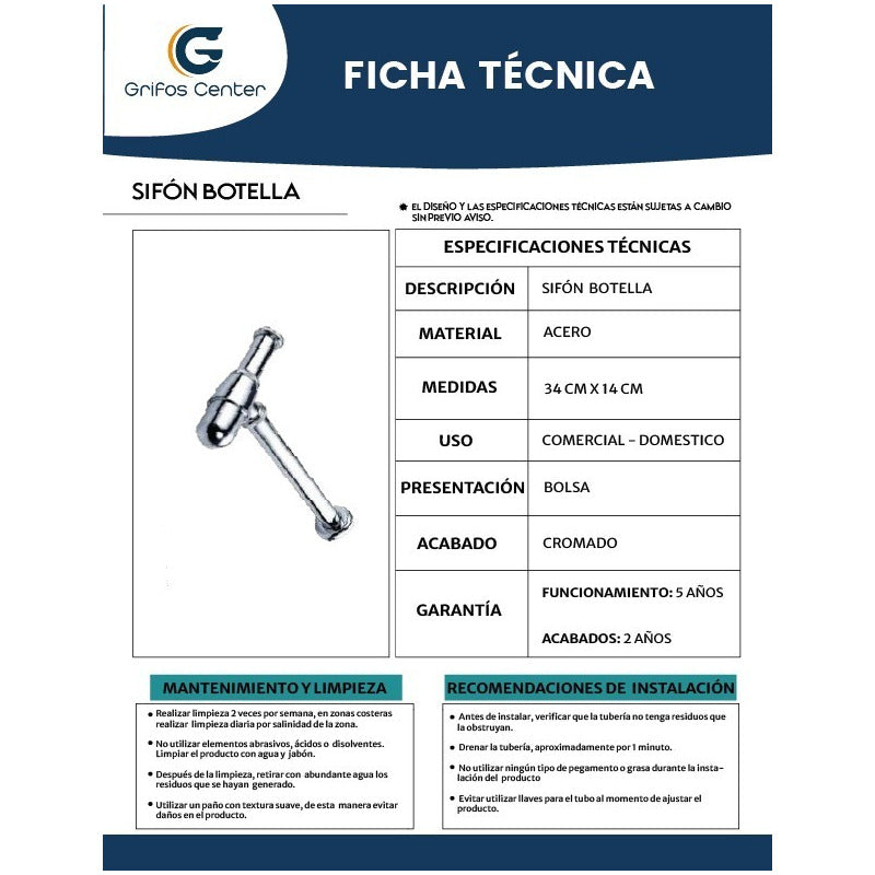 Sifón Para Desagüe De Lavamanos Tipo Botella Cromado